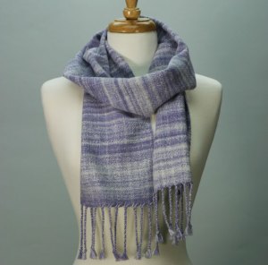 photo of periwinkle cotton scarf, hand dyed, handspun and handwoven by Joanne Littler