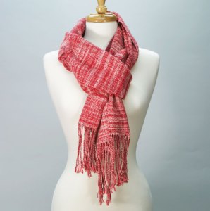 photo of red and natural cotton scarf hand dyed, handspun and handwoven by Joanne Littler, Pine Ledge Fiber Studio