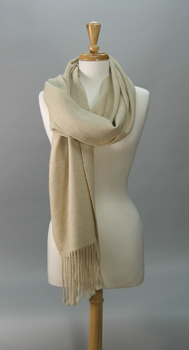 LightGreyCashmereShawlover- Photo of Light Grey Cashmere Shawl, handspun and handwoven by Joanne Littler, Pine Ledge Fiber Studio