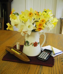 Photo of daffodils & study tools