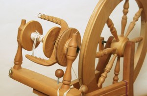 Photo of the older version of a Jumbo Flyer on an Ashford Traditional Spinning Wheel at Pine Ledge Fiber Studio, Fairfax, VT.