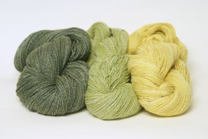 Photo of 3 skeins of 2-py yarns, handspun by Joanne Littler, Pine Ledge Fiber Studio, Fairfax, VT