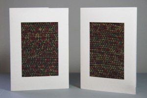photo of greeting cards with fabric inserts handwoven by Joanne Littler, Pine Ledge Fiber Studio, Fairfax, VT