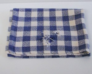 photo of frayed handwoven fabric, cotton, blue and white checks